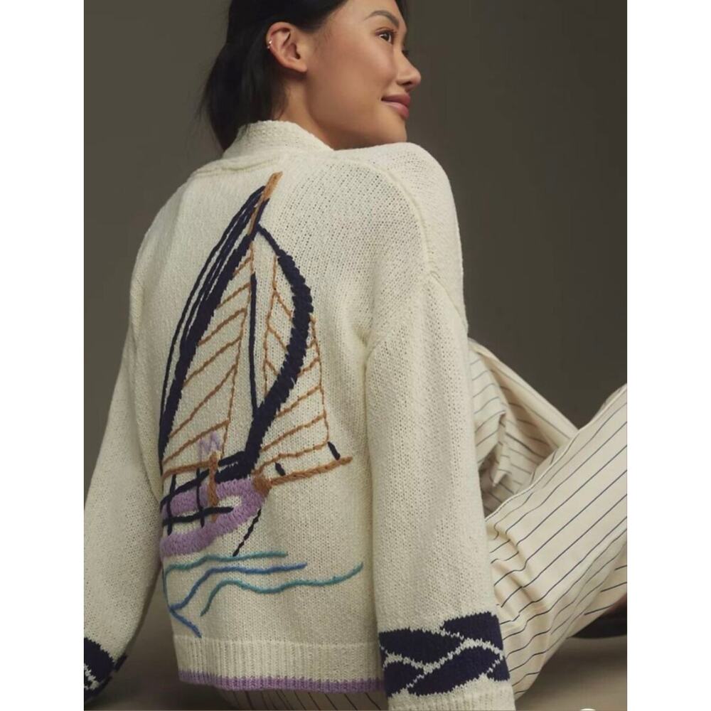 Anthropologie Maeve The Maggie Sailboat Cardigan Sweater. Size M/L   Ret. $188